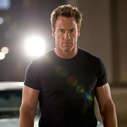 conan o'brien in the fast and furious as brian o'connor paul walker movie still, cinematic lighting, ray tracing, octane render, long lens, shallow depth of field, bokeh, anamorphic lens flare, 8 k, hyper detailed, 3 5 mm film grain