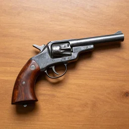 old west pistol at a table, top view, pro photo