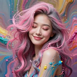 a portrait of a very beautiful young asian goddess, seductive smile, with pink and grey hair radiating swirling paint and impasto, sleepy eyes by wlop and monia merlo and fintan magee, background is multicoloured volume displacement, hyperrealism, subsurface scattering, arnold render, 8 k, houdini, xparticles