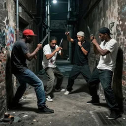 five hip - hop rappers in a brawl with knifes and guns in a dark alley in the style of jean - leon gerome