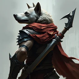human warrior with the face of a dog. heroic pose. full body subject. view from aside. highly detailed, intricate digital painting. by ross tran.