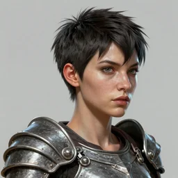 hyper detailed substance painted 3 d full body turnaround character portrait of a woman with a pixie cut and demonic armor, with a realistically proportioned face, photorealistic eyes, cinematic lighting, good value control, smooth, realistic shading, realistic face details, highly detailed, digital painting, painted texture maps, good colors, illustration, substance painter, ultra realistic, very highly detailed, segmented armor