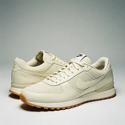 a studio photoshoot of Nike ACG sneakers designed by Tom Sachs, cream leather with knitted mesh material, gum rubber outsole, realistic, color film photography by Tlyer Mitchell, 35 mm, graflex