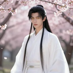 a young beautiful prince, golden eyes, long black hair, white hanfu, elegant, intricate, backlit, incredible lighting, strong rim light, subsurface scattering, hyper realistic anime, beautiful landscape, cherry trees, highly detailed digital painting, by Heise Jinyao, Heise-Lian Yan Fang, Feimo, Rossdraws, Sakimichan HDRI, vivid colors, high contrast, trending on artstation 8k