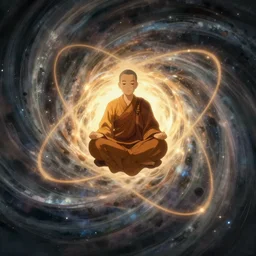 illustration of a levitating monk meditating within the centre of a giant swirling atom, studio ghibli, ultra hd