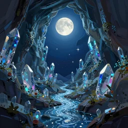 concept art by jama jurabaev, cel shaded, cinematic shot, trending on artstation, high quality, brush stroke, vibrant colors, the crystal cave under the moonlight, and the streams are dotted with stars