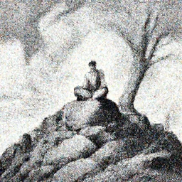 a prince meditating on the top of a pile of rocks, a dead tree and swirly clouds in the background, art by James Jean and Wayne Barlowe and moebius, black and white ink, high details , cinematic, cgsociety 8k