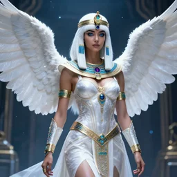 perfect white haired egyptian goddess wearing white dove wings, warframe armor, regal, attractive, ornate, sultry, beautiful, ice queen, half asian, pretty face, blue eyes, detailed, scifi platform, 4 k, ultra realistic, volumetric lighting, illuminated, cinematic, masterpiece, art by akihito tsukushi, voidstar