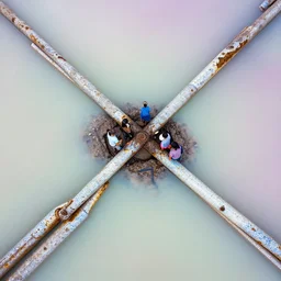 a family buried in oil and crossed by delicate porcelain rusty pipes in a glowing iridiscent lake aerial leica, 2 4 mm