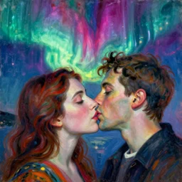close portrait of woman and man kissing. aurora borealis. iridescent, vivid psychedelic colors. painting by titian, agnes pelton, utamaro, monet