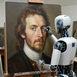 robot artist painting a self - portrait on a canvas. intricate, highly detailed, photorealistic, film still, by gil elvgren, sachin teng, carl spitzweg, hans thoma, alexandros pyromallis.