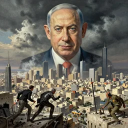 a massive benjamin netanyahu attacking a city, by moebius and artgerm and tim hildebrandt