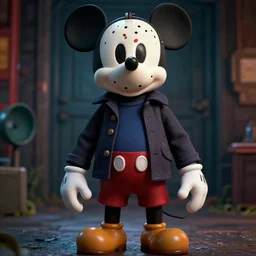 Mickey Mouse cast as Jason Voorhees, still from Friday the 13th movie, hyperrealistic, 8k, Octane Render,