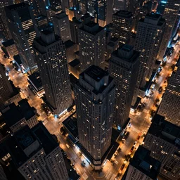 Birds eye view of a metropolis at night, rectangular city grid with narrow streets, tall brutalist architecture buildings, all buildings have the same height, sparse streets amount, city lights spilling upwards above the top of the buildings, digital art, cyberpunk, sci-fi,