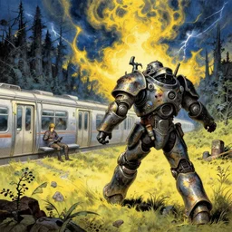 runs away from men on the subway and forest and field, composition gothic and futuristic, warhammer, cyber armor, a lot of scars, yellow and blue, fire storm on clouds, thunderstorm, the middle ages, highly detailed, moebius, jugendstil and classic japanese print, art by geof darrow