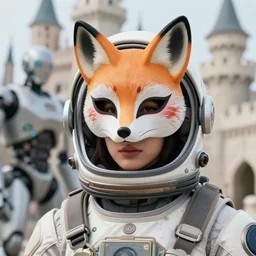 high resolution 8k, close up portrait photograph of a female wearing a space helmet and wearing a fox mask, standing near a castle, and a robot, vogue photoshoot in the style of James jean