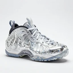 nike foamposite sneaker made out of clear crystal glass, high lighting catalog photography whole shoe in the frame