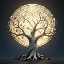 a mistycal tree of life with a glowing disc of light with stone runes