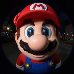 super Mario face closeup fisheye lens, night vision,4k,photograph,scary