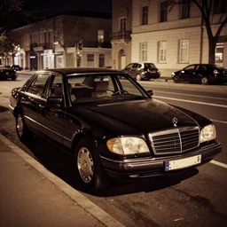 stained old picture of a mercedes maybach parking in city at night, photography