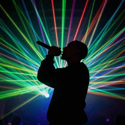 rapper holding microphone to mouth, epic angle, profile view, silhouetted, distinct, psychedelic hip-hop, laser light show, beams of light