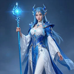 elemental sky witch in ornate blue and white robes and staff, highly detailed, 8 k, hdr,, clayton crain