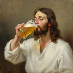 oil painting of jesus drinking beer