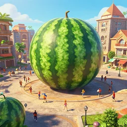 a giant watermelon rampage town , movie scene