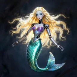a robotic mermaid, art by tim burton
