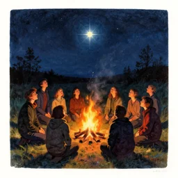 hideous by kees van dongen kodachrome. drawing. a group of people gathered around a fire. they are all looking up at the night sky, where a bright star is shining