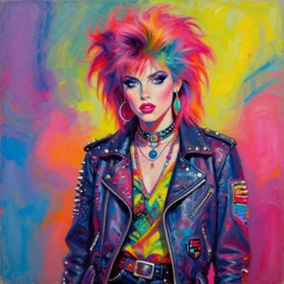 always be your most authentic self, psychedelic vibrant colors, futuristic punk rock fashion, oil painting by michael whelan art, 8 0 s hair, studded leather jacket