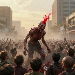 an infectious horrific organism eats hundreds of people alive in a city as the scream in agony, red fluid spews out of their head, hdr, 8 k, volumetric lighting, mist, golden hour, depth of field,, hyperrealistic, by alex ross hr giger moebius zdzislaw beksinski, octane render, warm soft lighting, photorealistic