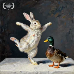still life painting of a fish rabbit dancing with an angry duck on a white table, high contrast lighting, impressionism