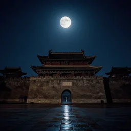 night sky, stars, super bright moon, ancient chinese architecture, by caspar david friedrich, filmic, photoshoot, ray tracing reflections