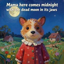 bright dramatic lighting colorful oil painting titled'mama here comes midnightwith the dead moon in its jaws ', magical realism folk art cute, portrait of hybrid animal protagonist in a rural area, highly detailed, painted by pixar and studio ghibli, shocking detail trending on artstation 8 k