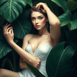 ultra realistic artistic pose illustration studio of a beautiful elegant girl in an artistic pose surrounded by tropical plants, monstera leave, paradise, intricate, elegant, highly detailed, digital painting, artstation, concept art, smooth, sharp focus, illustration, delicate features. bright white. ultra realistic. ultra clear detailed art by artgerm, atey ghailan, craig mullins by alphonse mucha