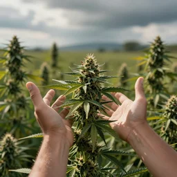 the satana spreads his hands against the background of growing cannabis. realistic rendering