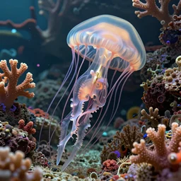 Skeleton of a jellyfish being reclaimed by coral, intricate digital artwork, photorealistic ditial art, high definition, vibrant colors, eye catching