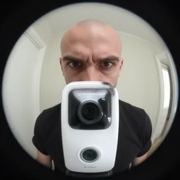 a bald man looking menacingly at me, screenshot from a ring doorbell, fisheye lens