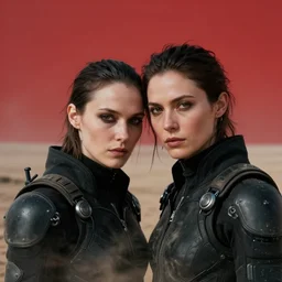 cinestill 5 0 d photographic portrait of two loving female androids wearing rugged black techwear on a desolate plain with a red sky, showing some skin, extreme closeup, modern cyberpunk, dust storm, 8 k, hd, high resolution, 3 5 mm, f / 3 2, ultra realistic faces, ex machina, blade runner