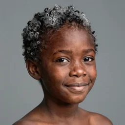 portrait of a black woman, 8 5 years old, afro caribbean, wrinkled skin, gentle closed mouth smile, dark eyes, serene pose, short grey curly hair, beautiful side lighting, grey background, 5 0 mm fujinon lens, f / 2. 8, zeiss, by lee jeffries