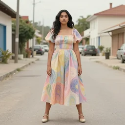 still from music video of a gorgeous young woman from standing in a township street, street fashion outfit,!! haute couture!!, full figure painting by martine johanna, njideka akunyili crosby, rossdraws, pastel color palette, 2 4 mm lens
