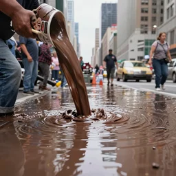 associated press photo of chocolate sauce flood in new york city, realistic, 4 k photo