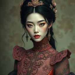 portrait of liu wen by irakli nadar with intricate detailed wearing victorian dress designed by alexander mcqueen and rocky gathercole, haunting, elite, elegant, ruan jia, dark, hyper detailed, concept art, by gustav klimt