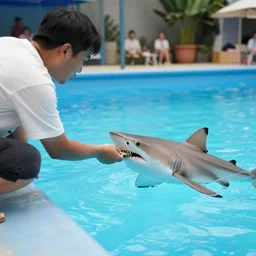 a man feeding a shark in a pool