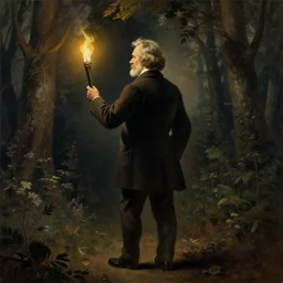 Back-view, long shot, photorealistic painting of Louis Pasteur with a torch in a dark forest