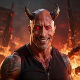Dwayne the Rock Johnson as the Devil, horns and red glowing eyes, smiling, post apocalyptic hell background, fires, high res render, octane cgsociety