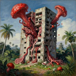 surrealist painting of a brutalist building turning into meat, red fungus, post apocalyptic, tropical landscape, painted by beksinski
