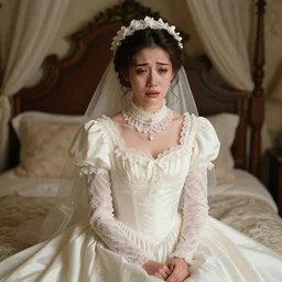 detailed studio portrait of a young victorian lady crying with a long cute beautiful wedding dress in a beautiful victorian bed, high quality by jeremy mann, only one head single portrait