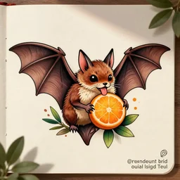 cute tattoo brown bat eating an orange, neotraditional modern, instagram highlights, flash sheet, colorful